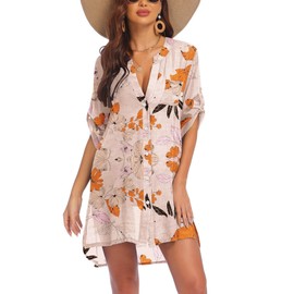 AI'MAGE Women's Swimsuit Cover Ups Shirt V-Neck Button Down Bathing Suit Coverups Beach Tunic Top, Floral-Peach, 3X-Large
