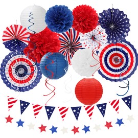 Red-White Blue Memorial-Day Patriotic Decorations - 21pcs 4th Fourth of July Paper Lanterns Fans,Tissue Pom Poms Streamers,Honeycomb Balls,USA Americana Independence Banner Decor Burgleda