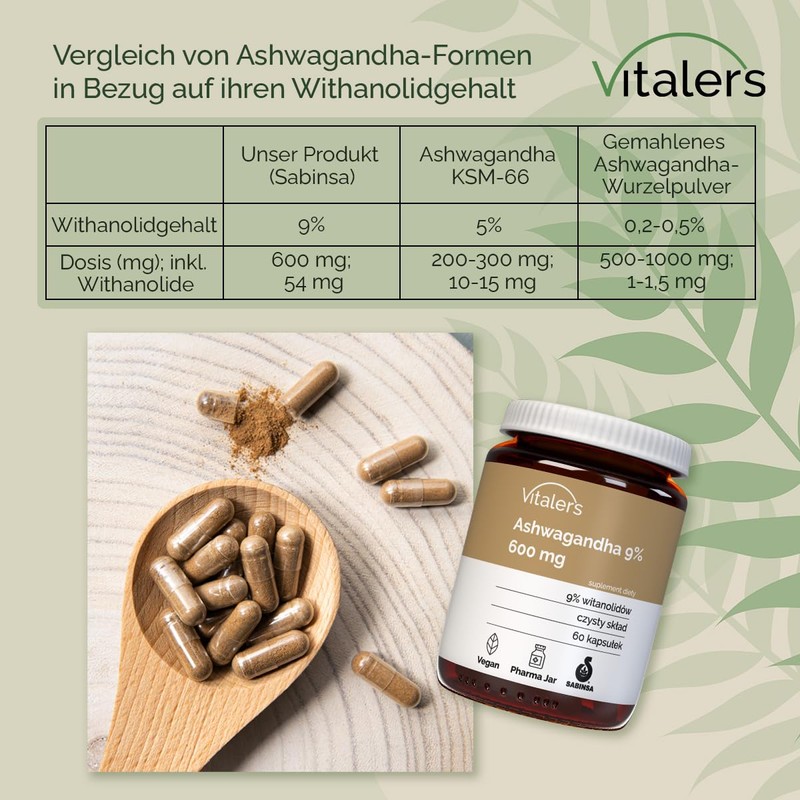Vitaler's Ashwagandha 9% Extract 600 mg - 60 Capsules, Vegan,