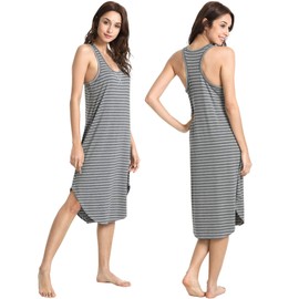 GYS Long Nightgown for Women - Viscose Made from Bamboo, Soft Sleeveless Sleep Shirt Summer Cute Racerback Sleep Dress, Stripe, XX-Large Plus