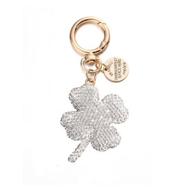 AUONY Crystal Four Leaf Clover Keychain with Gold Ring, Bling Lucky Shamrock Keychain Purse Charms (Silver)