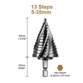 SALI M35 Hss Step Drill Bit 5-35mm Four Spiral Flute Cobalt Step Drill Bit 1/4" Hex Shank for Metal, Stainless Steel, Aluminum, Wood, Plastic