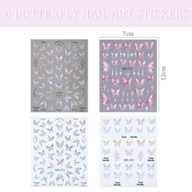 Hebterrka 4 Sheets Butterfly Nail Art Stickers, 5D Embossed Aurora Butterfly Nail Stickers, Pink Shiny Butterfly Nails, Stickers