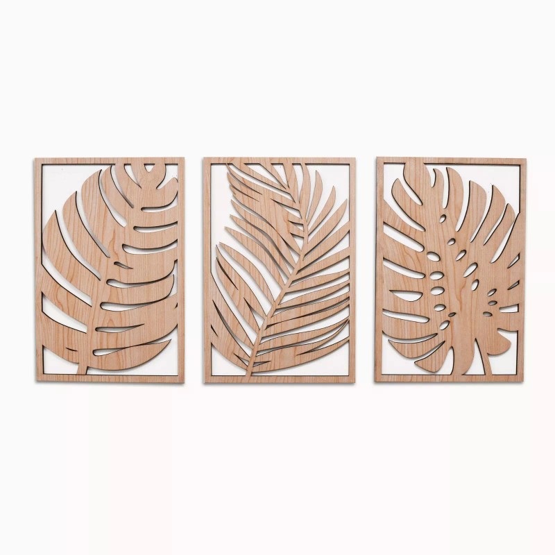 Decor Tropical Leaves Wood Wall Art, 3 Panel Set, Monstera