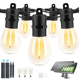 208FT(196+12) Solar String Lights Outdoor Waterproof, Solar Powered Patio Light with 60+3 Dimmable S14 Edison Bulbs Shatterproof & Remote Control, Solar String Lights for Outside Garden Backyard