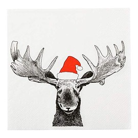 13 Inch Paper Luncheon Napkins, 20 Holiday Moose Design Printed Napkins - 3-Ply, Textured Edges, White Paper Decorated Napkins, Soft And Strong, For Parties Or Catering Events - Restaurantware