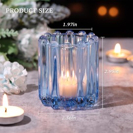 HAVITI Glass Blue Votive Candle Holder, Ribbed Votive Candle Holders Set of 12, Tealight Candle Holder for Wedding Centerpieces Dinner Party Table Decor