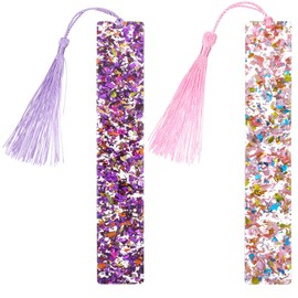 Piriuuo 2 Pcs Bookmarks for Girls, Glitter Resin Bookmarks Transparent Kids Art Bookmark with Colorful Silk Tassels for Women Girls Book Lovers Reading Presents