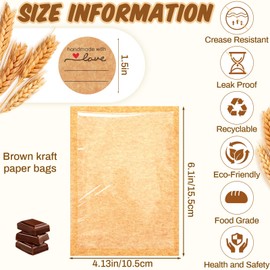 Outus Outus 50 Pcs Heat Sealable Cookie Bags with Window 4 x 6 Inch Grease Resistant Kraft Bakery Pastry Bags with Paper Stickers for Packaging Donut Bread Cookie Goods Sandwich Baked Treat