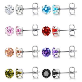 UHIBROS Cubic Zirconia Earrings Studs for Women, 8 Pairs Multicolor Hypoallergenic 316L Stainless Steel Stud Earrings Set Multipack Colorful CZ Earrings for Mens 5mm
