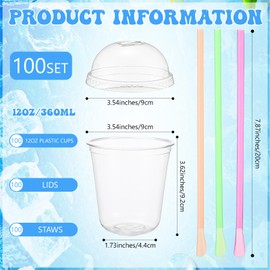 100 Sets 12 oz Clear Slushie Cups with Dome Lids and Snow Cone Spoon Straws, Disposable Smoothie Cold Drinking Cups for Parfait Party Iced Coffee Juice Milkshake