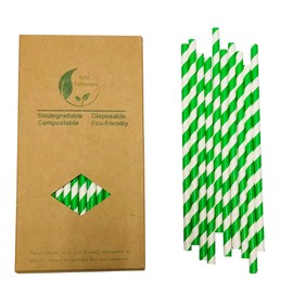 Disposable Paper Straws Green White Striped Straws, Spring Green Biodegradable Drinking Straws 7.75 inch (100 of Box)