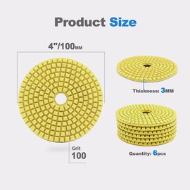 HIGHDRIL Wet Diamond Polishing Disc, Pack of 6, 100 mm, #100 Diamond Sanding Pad for Granite, Marble, Ceramic, Artificial Stone Sanding Block Used on Grinder or Polisher