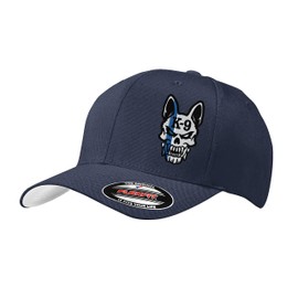 Police K-9 Unit Dog Skull Thin Blue Line 6277/6477 Custom Embroidered Baseball Flex Fitted Hat (L/XL, Dark Navy)