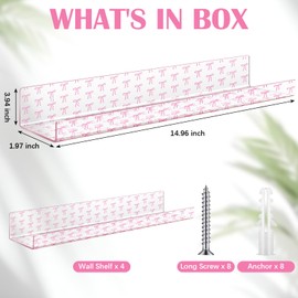 Reallnaive 4 Pack Pink Bow Floating Bookshelf for Classroom Decor Nursery Bow Acrylic Shelves Coquette Home Accessories 15 Inch Wall Mounted Bookshelf for Girl Wall Bathroom Bedroom Perfume Toy Figure
