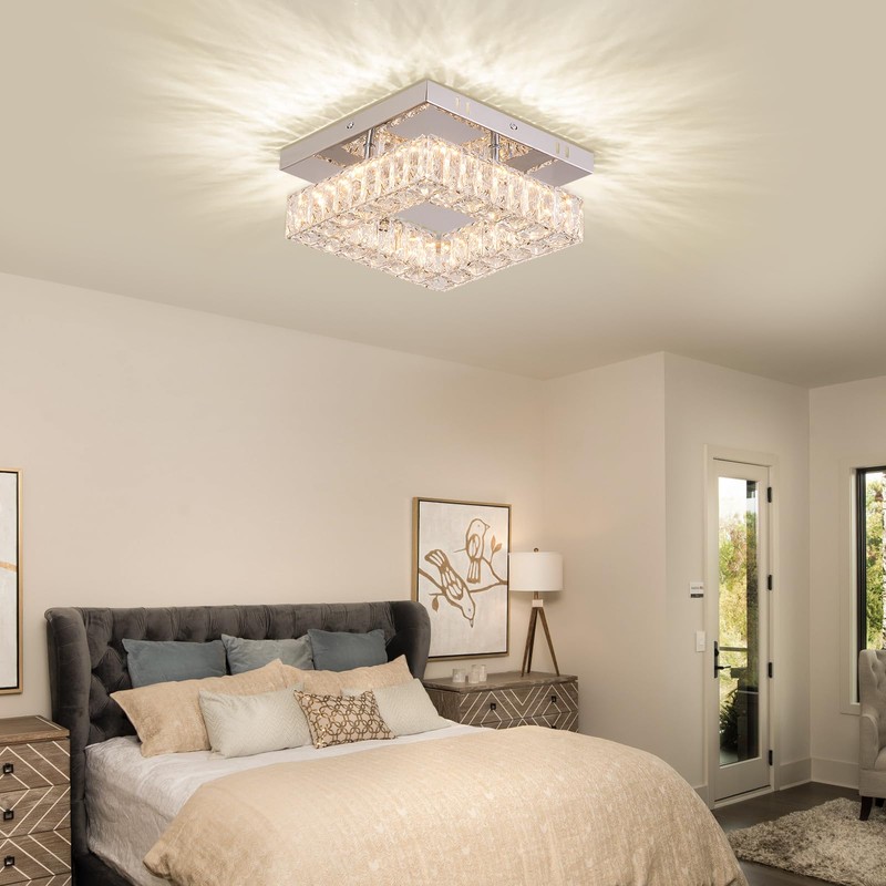 YPQXYHDA Dimmable Square Crystal Chandelier LED Mini Ceiling Light with