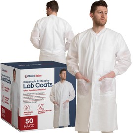 Medical Nation 50 Pack Disposable Lab Coats - White Lab Coat with 3 Pockets for Women Men, Knee Length | Perfect For Use in Hospitals, Pharmacies, Labs, Clinics, at Home | Size 5X-Large