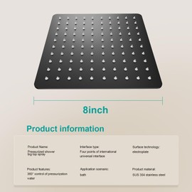 AULEEND Square Rain Shower Head, High Flow Stainless Steel,Work with any decorative style，All Metal Rainfall Shower Head (Matte Black, 8)