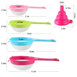 BENBO 4Pcs Plastic Mesh Strainer Colander Set, Food Soy Milk Flour Sieve Long Handle Icing Sugar Sifters Fine Strainer Tea Filter and 2 Pcs Silicone Foldable Funnel for Kitchen