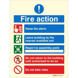 Pack of 5 x Raise The Alarm Glow In The Dark Fire Action Notice Signs 150mm x 200mm - Rigid Plastic