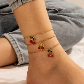 Cybche Boho Rhinestone Cherry Anklet Bracelet Set Gold Layered Cherry Dangle Anklet Summer Beach Crystal CZ Fruit Foot Chain Jewellery for Women
