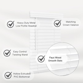 Lotus & Windoware Cordless, 2 Inch Faux Wood Blind, Window Blinds, Blinds & Shades, Blinds for Indoor Windows, Smooth, 72" x 48", Bright White
