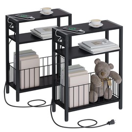 TRIFEBLE Narrow Side Table with Charging Station Set of 2, Small End Table for Small Spaces, Slim Nightstand with Storage Basket, 3 Tier Skinny Bedside Table for Living Room, Bedroom, Black