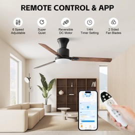 Obabala Ceiling Fans with Lights, 42 inch Flush Mount Ceiling Fan with Light and Remote Control & APP Reversible Dimmable Noiseless Ceiling Fan for Bedroom Indoor/Outdoor
