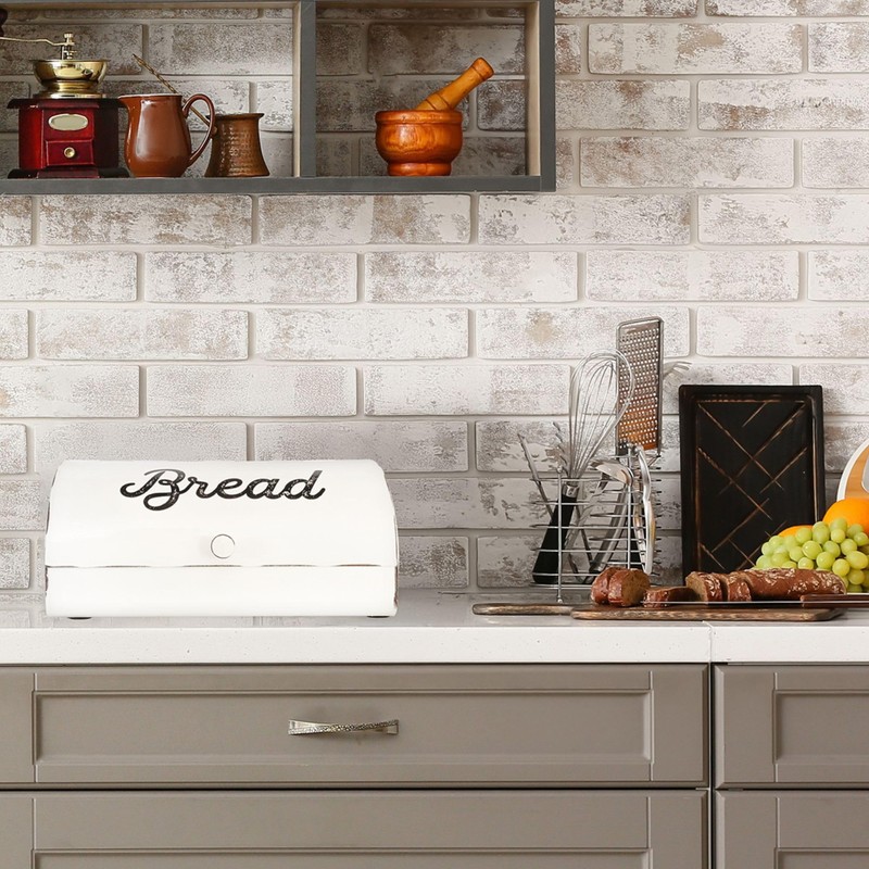 AuldHome Design Rustic White Bread Box; Farmhouse Vintage Enamelware Countertop