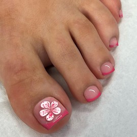 Short Press on Toenails Red French Tip Toe Press on Nails Flower Fake Toenails Short False Toe Nails Press Ons 3D Flower Toe Nail Tips Glossy Acrylic Toenails Glue Stick on Toenails for Women Girls
