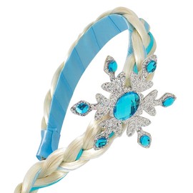 Ulfanit Princess Dress Up Braided Hair Headband, Sparkly Blue Snowflake Long Tail Wig, Princess Hairpiece Halloween Costume, Girls Toddlers Cosplay Birthday Holiday Snow Theme Celebration Hair Clip