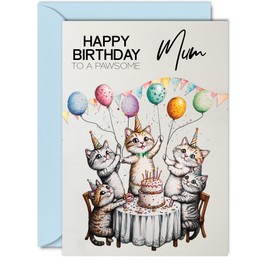 Mum Birthday Card - Pawsome Party Cats Balloons - Happy Birthday Card for Mum from Son Daughter, 5x7 Inch Female Cat Bday Greeting Cards