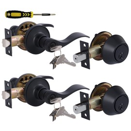 Keyed Alike Front Door Lever Lockset with Single Cylinder Deadbolt Combination Set, All Keyed Same Exterior Door Handle with Lock and Deadbolt, Black Finish, 2Sets