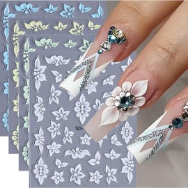 5D Flower Nail Stickers for Nail Art Colorful Floral Nail Decals 4PCS Self-Adhesive White Blue Yellow Green Nails Design Sticker Flowers Nail Art Supplies for Women DIY Nail Decorations Charms