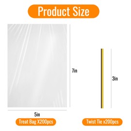 igoelove 200pcs Cellophane Bags 5x7 Inches, Cellophane Treat Bags, Clear Candy Bag with Ties, Plastic Gift Bag with Ties, Clear Goodie Bag for Party Favors