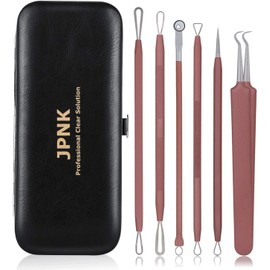 JPNK Blackhead Remover Tool Comedones Extractor Acne Removal Kit for Blemish, Whitehead Popping, 6 Pcs Zit Removing for Nose Face Tools with a Leather Bag (Pink)