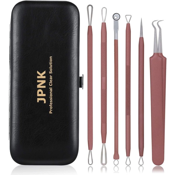 JPNK Blackhead Remover Tool Comedones Extractor Acne Removal Kit for Blemish, Whitehead Popping, 6 Pcs Zit Removing for Nose Face Tools with a Leather Bag (Pink)