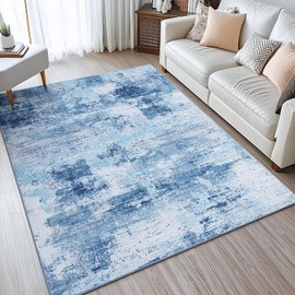 OLANLY Modern Abstract Area Rugs, 2x3 Washable Entryway Rug, Non Slip Low Pile Door Mat Small Carpet for Entrance Kitchen Bedroom Bathroom, Blue