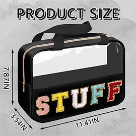 Bolsa de chenilla con parche de carta, bolsa de cosméticos de maquillaje transparente, Black-Stuff