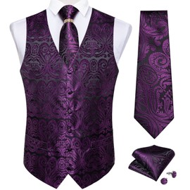 DiBanGu Men's Purple Paisley Vest Tie Set Silk Woven Suit Tuxedo Waistcoat Necktie Pocket Square Cufflinks Set with Tie Ring for Party Business