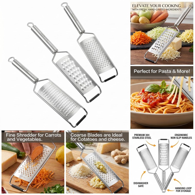 3-Piece Hand Cheese Grater Set, 18/8 Stainless Steel, Dishwasher Safe
