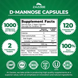 Zazzee D-Mannose, 1000 mg per Serving, 120 Vegan Capsules, 2 Month Supply, UTI Support