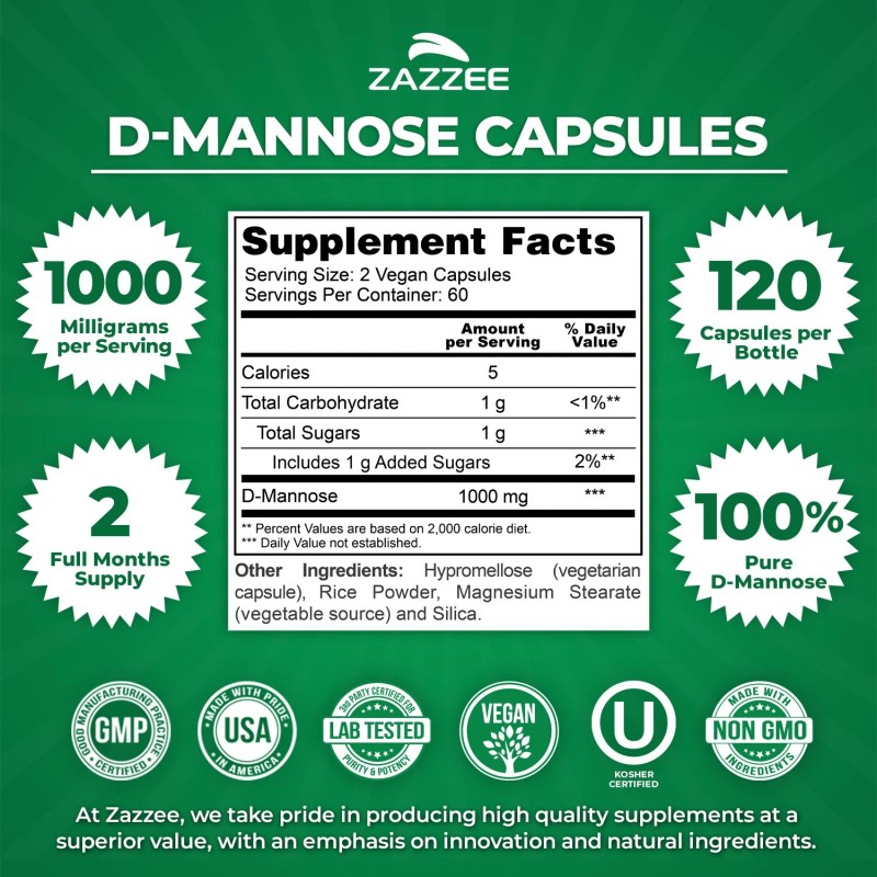 Zazzee D-Mannose, 1000 mg per Serving, 120 Vegan Capsules, 2