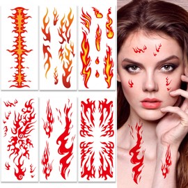 6 Sheets Temporary Tattoos Stickers Flame Realistic Waterproof Women Man Body Face Arm Collarbone Leg Body DIY Art Decoration Red Yellow
