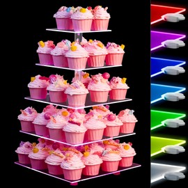 Cupcake Stand - 5 Tier Cupcake Tower Stand - Rechargeable LED Cupcake Holder for desser table-Clear Serving Tray with 7 color light- Display Stand Tree for Elegant Celebrations and Festive Gatherings