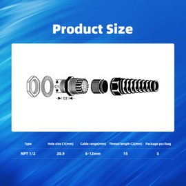 Strain Relief Cord Connector, CGELE 2 Pack NPT 1/2" Waterproof Cable Gland Cord Grip Spiral Adjustable Connector Strain Relief Cord Connectors Joints Nylon with Gaskets