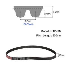 QUARKZMAN HTD-5M Rubber Timing Belt 160 Teeth, 800 mm Pitch Length x 15 mm Width x 3.6 mm Height, Rubber Timing Belt V-Belt Drive Belt Closed Timing Belt Pulleys