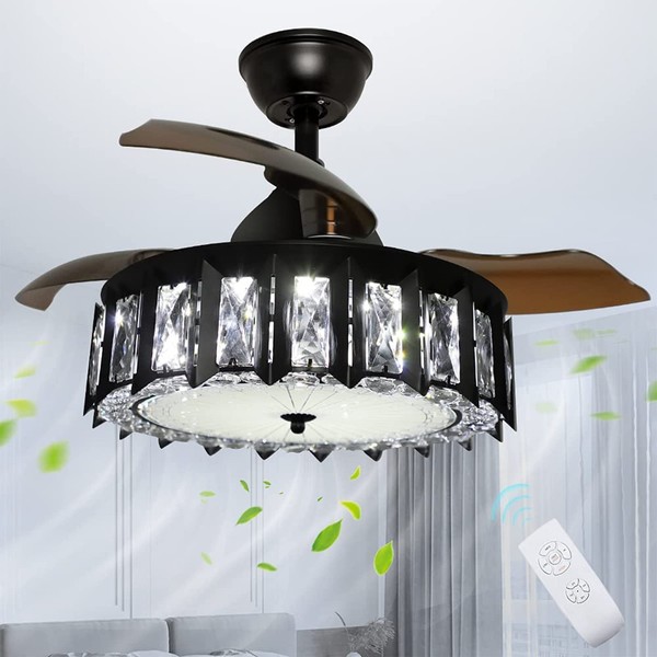 Depuley LED Crystal Ceiling Fans with Light, 27W Ceiling Fan Lights with Remote, Industrial Ceiling Fan Lighting with Retractable Blades for Bedroom, Black Ceiling Fan Light Kit, 3 Wind Speeds, Timing
