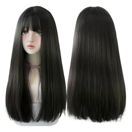 Peluca con Flequillo Natural de Cabello Negro Largo y Liso 60cm Yunduo