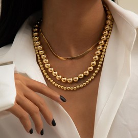 Gold Necklaces Stack for Women Layered Necklace Statement Chunky Multi Layer Round Ball Beaded Necklaces Birthday Gifts